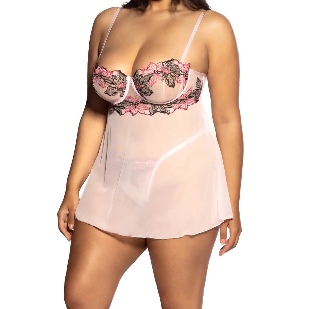 NEW Oh La La Cheri Pink Plus 1X Audra Babydoll Gstring Set Embroidered Underwire